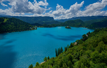 Fototapeta na wymiar Scenic view on the island on Bled lake, Slovenia