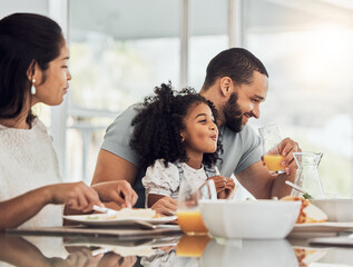 Happy family, breakfast and eating at table in home, talking or discussion together. Love, support...