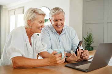 Senior, couple and online computer communication video call or bills budget planning at home. Elderly woman and man with a happy smile using internet and technology for finance plan for retirement