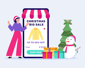 Christmas big sale. Online shopping, Winter sale Special offer flyer, banner, story, poster Vector illustrations.