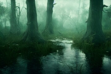 A foggy swamp. Dark and mysterious. 