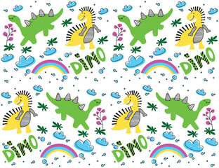 Cute seamless Pattern with funny dinosaurs. Dino friends print background for kids clothes, fabric, party decor, nursery wallpaper, wrapping paper. Hand drawn cartoon Dinosaur vector illustration