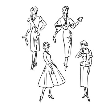 Vintage vector people set. fashion style set. Group of retro woman and man. style, sketch style, engravings with people