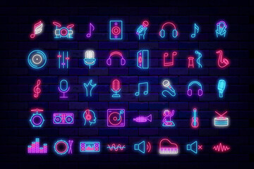 Music neon icons bundle. Stand up symbol. Headphone and notes. Piano, microphone. Vector stock illustration © Anastasia Gapeeva