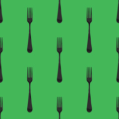 Seamless pattern. Fork top view on yellow green background. Template for applying to surface. Square image. Flat lay. 3D image. 3D rendering.