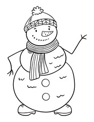 Snowman coloring page for kids. Christmas concept.