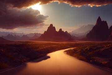 An open road winds its way to the mountains as the sun sets. 