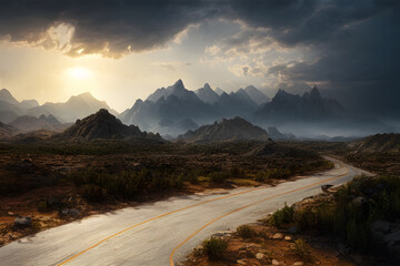 An open road winds its way to the mountains as the sun sets. 