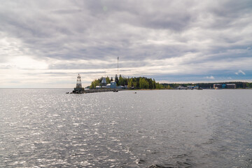 Russia. Leningrad region. May 29, 2022. Lighthouse at the exit to Lake Ladoga from Vladimir Bay.