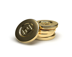 Golden coins. Realistic Israeli New Shekel stacked coins. Finance concept for web design, mobile app, infographics. 3d Render Illustration isolated