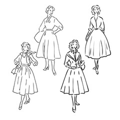 Vintage vector people set. fashion style set. Group of retro woman and man. style, sketch style, engravings with people