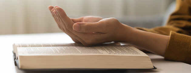 Religion and believe, faith christian woman holding holy bible book in hand, peace and hope of...