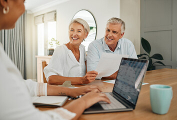 Retirement, savings and couple planning finance, insurance and investments in living room. Man and...