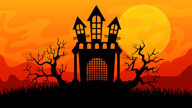 Halloween background. Scary haunted castle on graveyard
