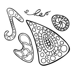 Abstract shapes and figures in doodle style. Black and white hand-drawn illustration for decorative background, design, wallpaper, coloring book.