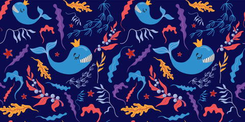 Seamless vector marine pattern with whales, starfish, algae