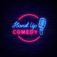 Stand up comedy neon signboard. Circle frame with microphone. Comic night. Light sign. Vector stock illustration