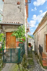 Fototapeta na wymiar A narrow street between the old stone houses of Pizzone, a medieval village in the Molise region of Italy.