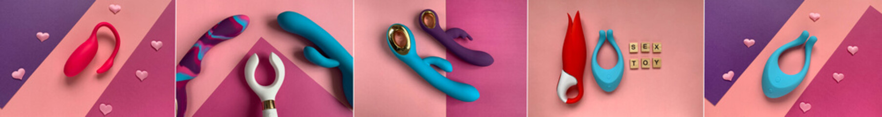 Collage of photos sex toy. Many vibrators on pink background. Useful for adult, sex shop