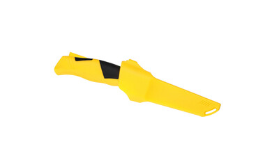 Modern diving knife with silver blade and yellow rubber handle. Steel arms. Isolate on a white back.