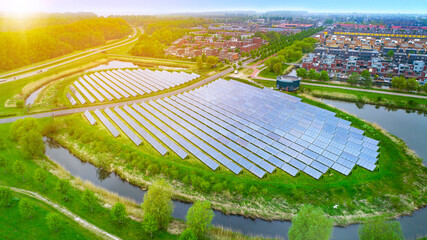 Solar panels aerial view. Innovative solar panel island in Almere, Netherlands. Modern sustainable...