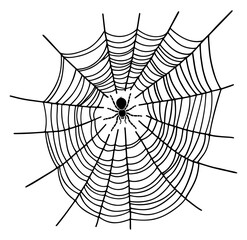Obraz premium Spider in the web. Black vector silhouette isolated on white background. Halloween decoration element.