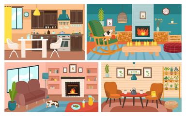 Living rooms interior. Home kitchen. Furnished apartments set. Fireplace in house. Indoor cozy furniture. Comfortable sofa. Dining table. Cooking stove and drawers. Vector illustration