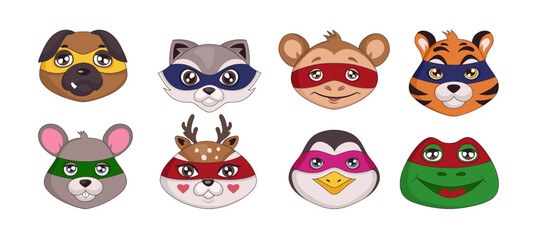 Animal superhero masks. Happy forest mammals. Creative face card or wallpaper. Kids heroic characters set. Isolated hero heads. Penguin or raccoon funny muzzles. Vector cartoon illustration © Natalia