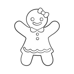 Gingerbread girl cookie outline doodle cartoon illustration. Winter Christmas food theme coloring book page activity for kids.