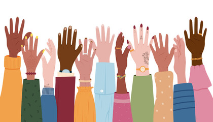 Diverse culture hands. People racial diversity. United volunteer equality. Social multicultural group. Community unity. Raised arms. Sleeves and accessories. Vector colorful illustration