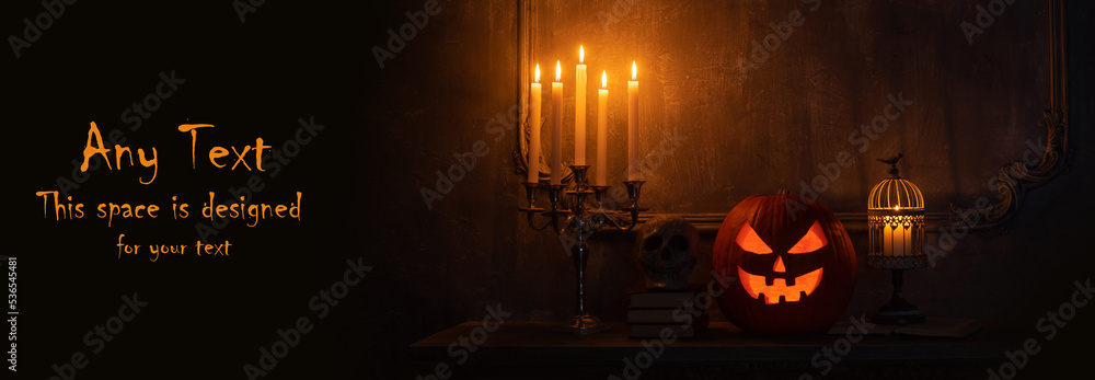 Canvas Prints halloween background with copy space for any text. scary pumpkin and old skull on ancient gothic fir