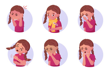 Flu fever. Kid coughing and sneezing. Illness symptoms set. Diseases and ailments. Children allergy. Girl character in cold, measles or asthma. Vector isolated cartoon unwell persons - obrazy, fototapety, plakaty