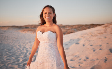 Fototapeta na wymiar Beach, wedding and portrait of a happy bride standing outdoor in nature at a marriage ceremony. Romantic, sunset and beautiful married woman with a smile by the ocean or seaside in puerto rico.