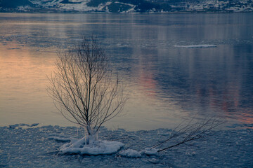 matese iced lake at sunset