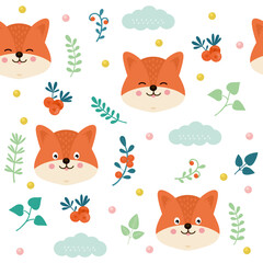 Obraz premium Cute fox pattern. Autumn animal print. Winter kids head. Forest mammal muzzle. Baby doodle background. Geo child design. Leaves and berries. Woodland creatures. Vector seamless texture