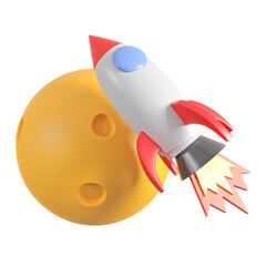Obraz premium Cute rocket and yellow full moon.,3d model and illustration.