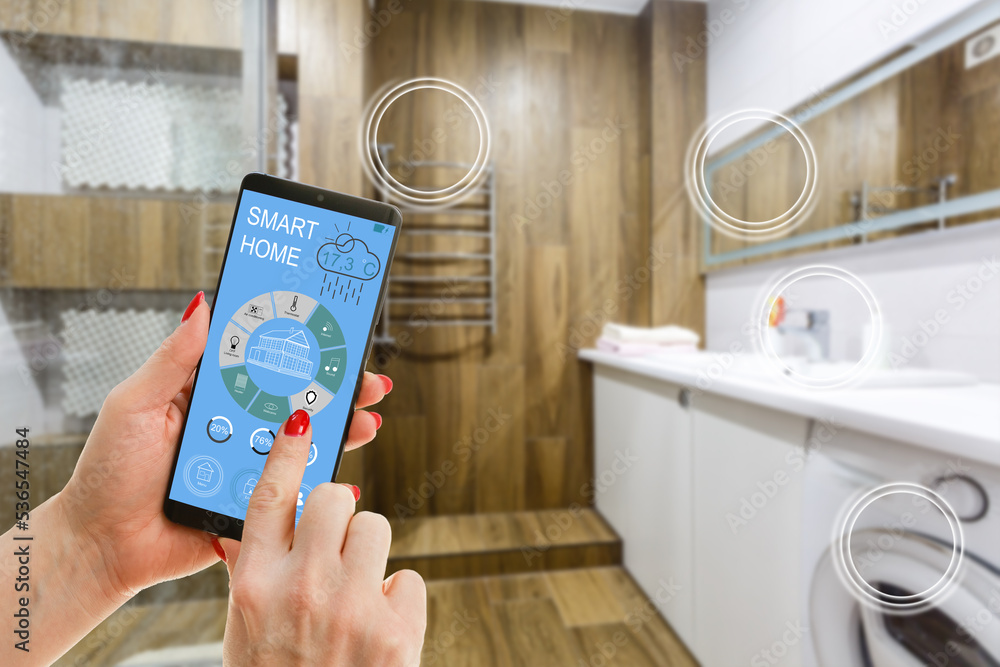 Poster controlling home heating temperature with a smart home, close-up on phone. concept of a smart home a