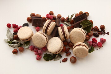 Chocolate Macaron (French Macaroon) with ganache filling on a table with mint and bars of chocolate and nuts. Food composition.