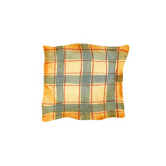 Watercolor autumn pillow. Checkered plaid and pillows, autumn leaves, candle and other fall elements