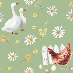 Watercolor hand drawn rural seamless pattern with hen, goose and eggs. Farm illustaration