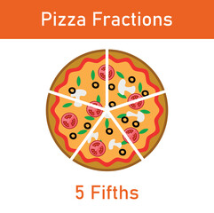 Five fifths pizza fractions. Fraction for kids. Pizza slices. Fraction fun with pizza. vector illustration isolated on white background.