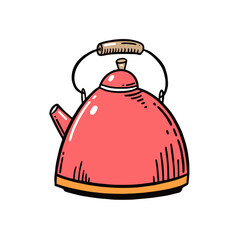Pink hand drawn tea pot. Cartoon style vector illustration.