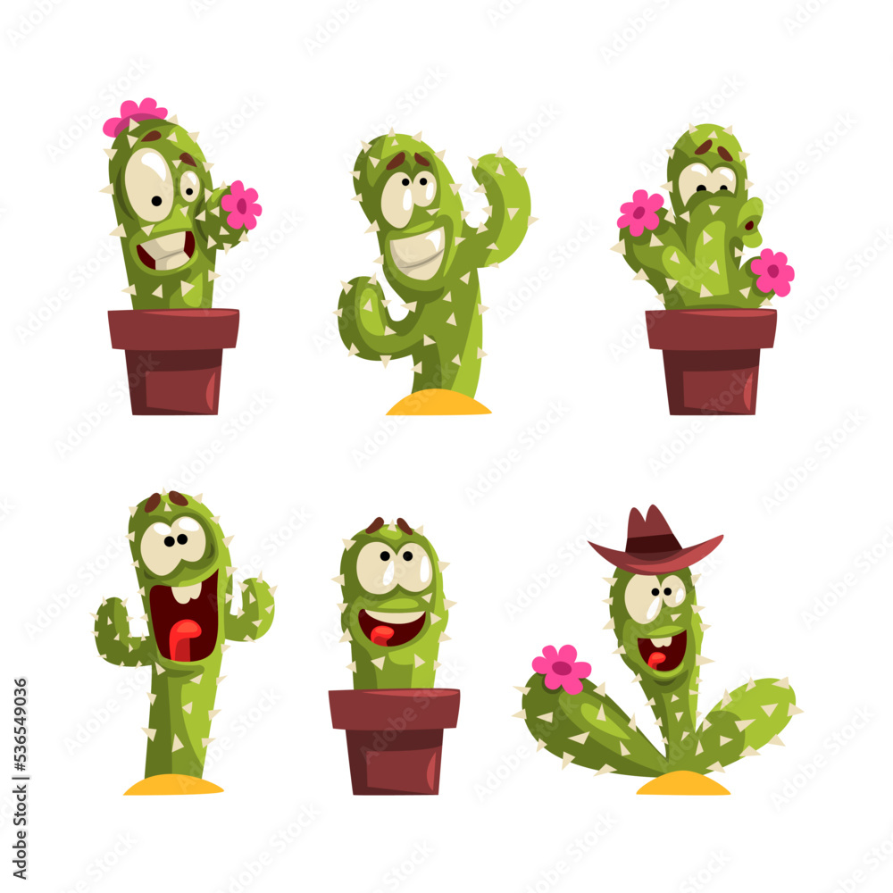 Sticker cute green cactus in pot as funny prickly plant with face expression vector set