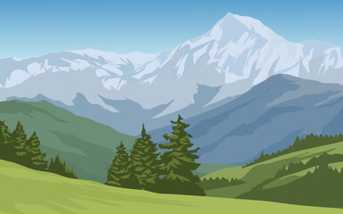 Beautiful snow-capped mountain landscape with pine trees and meadow. Vector landscape illustration