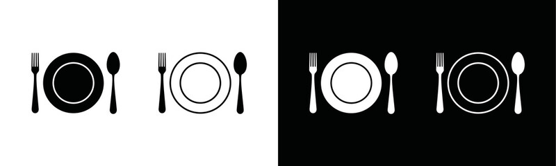 Spoon, fork, and plate icon vector. Cutlery sign symbol silhouette in black and white