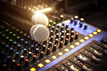 Close-up microphone and sound mixer in studio for sound record control system and audio equipment and music instrument