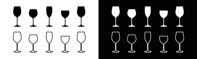Wine glass icon vector collection. Simple line art of wine glass symbol silhouette and flat logo