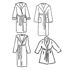 dressing gown, bathrobe fashion flat sketch vector illustration unisex self belt bathrobe template isolated illustration on white background. CAD mockup.