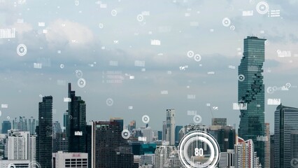 Business data analytic interface fly over smart city showing alteration future of business intelligence. Computer software and artificial intelligence are used to analyze big data for strategic plan .