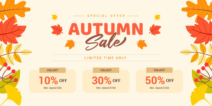 Autumn sale voucher coupon template background vector illustration. Promotion coupon on autumn leaves colors border